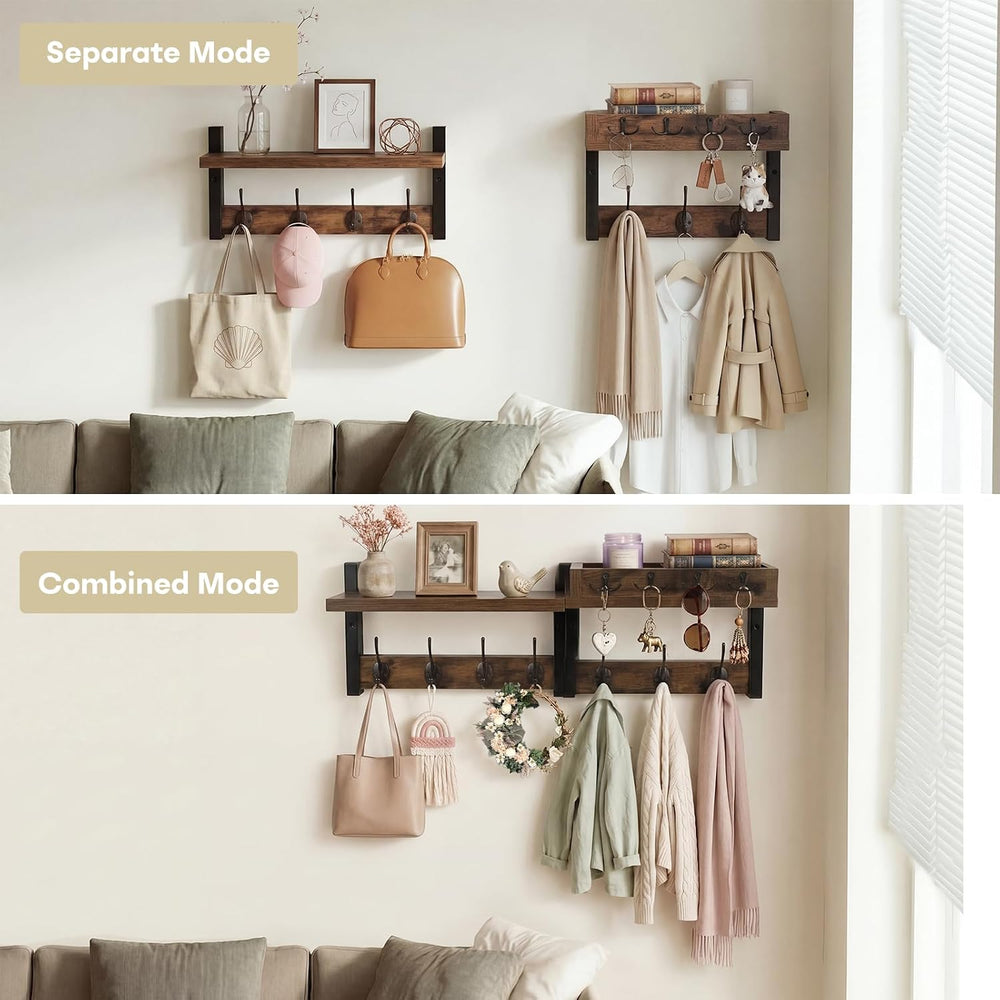 29" Coat Rack Wall Mount with Shelf, Mail & Key Organizer, Brown