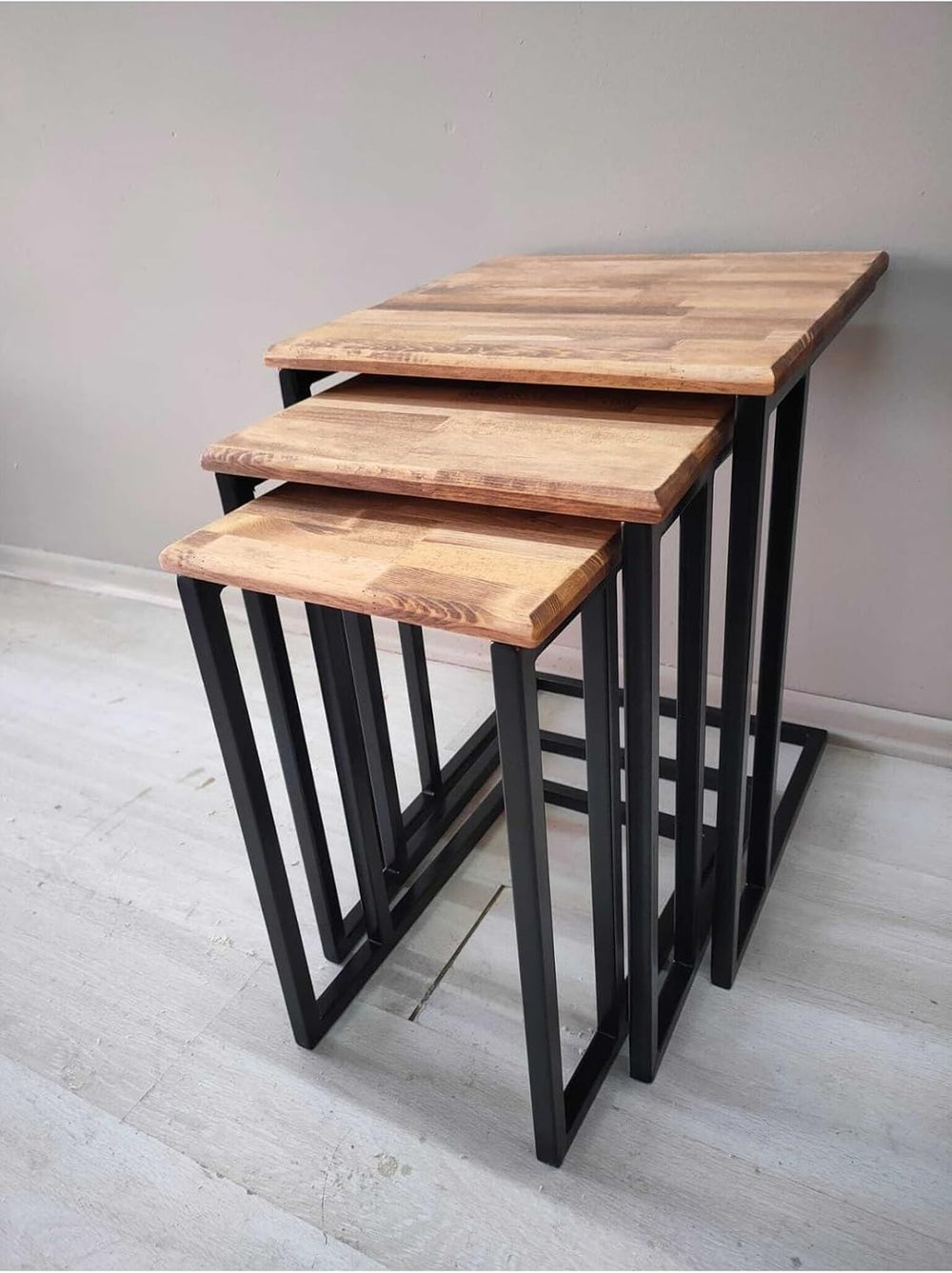 Set of 3 Nesting Side Tables with Metal Legs, Solid Wood Top in Light Walnut ...