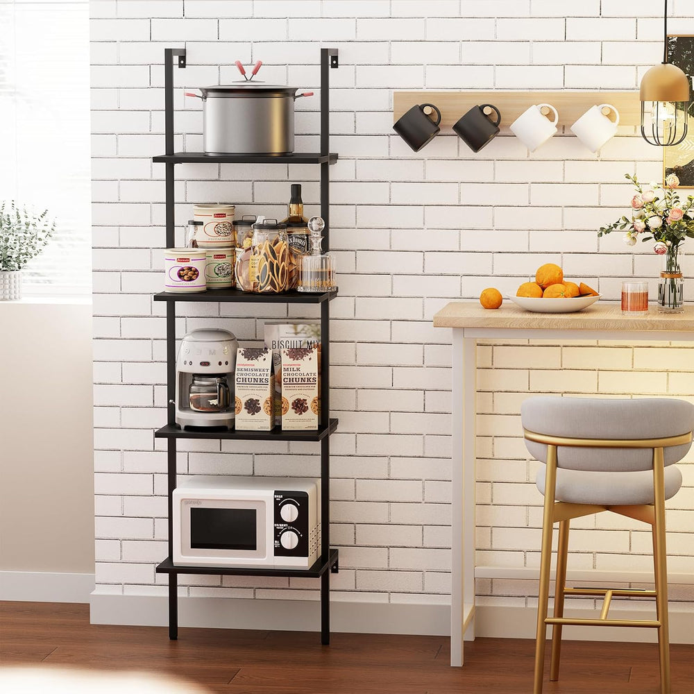 Ladder Shelf 4 Tiers Metal Industrial Bookshelf,Black Wooden Tall Open Storag...
