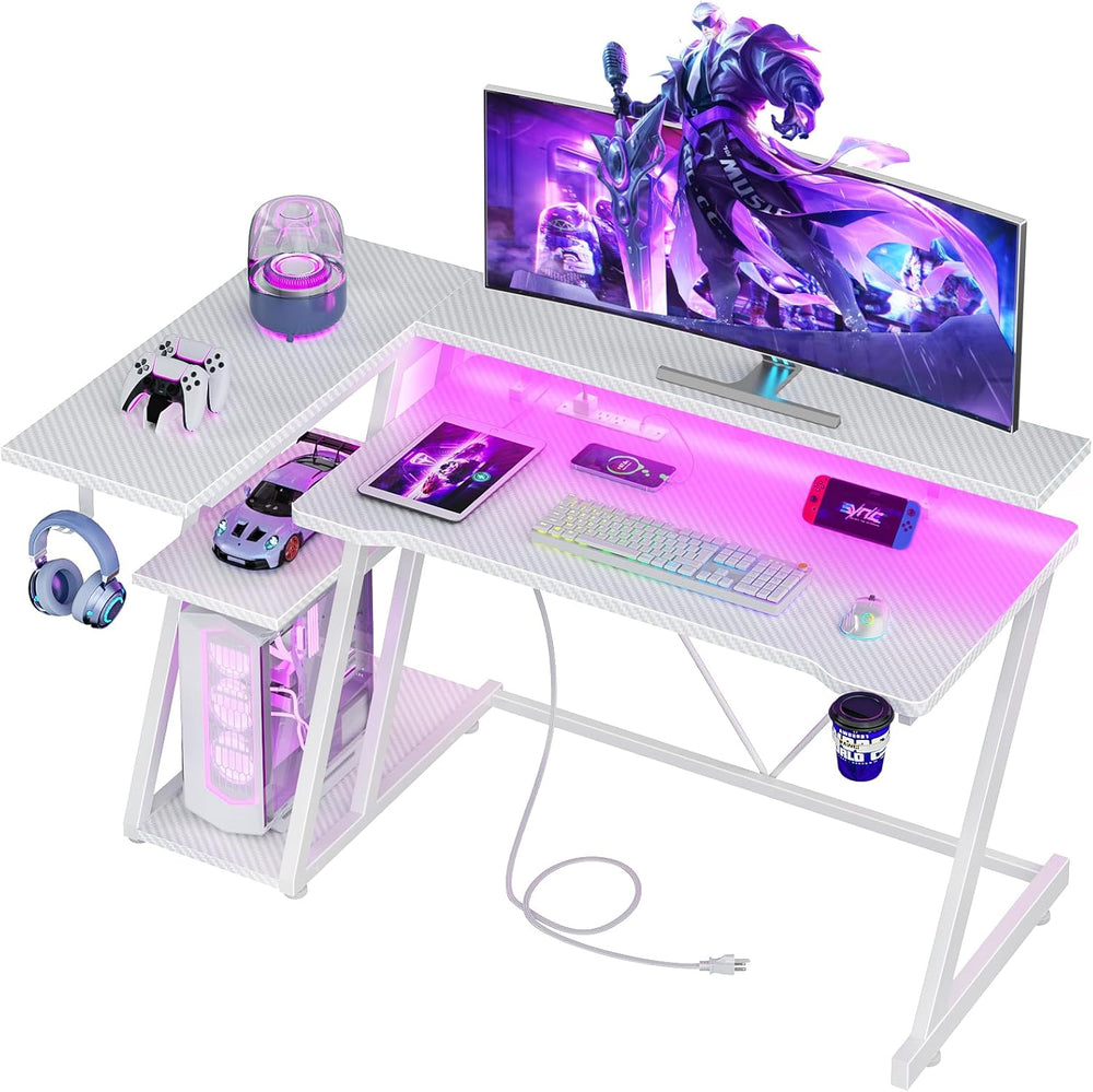 Korfile 47 Inch Gaming Desk with Power Outlet, LED, Carbon Fiber White