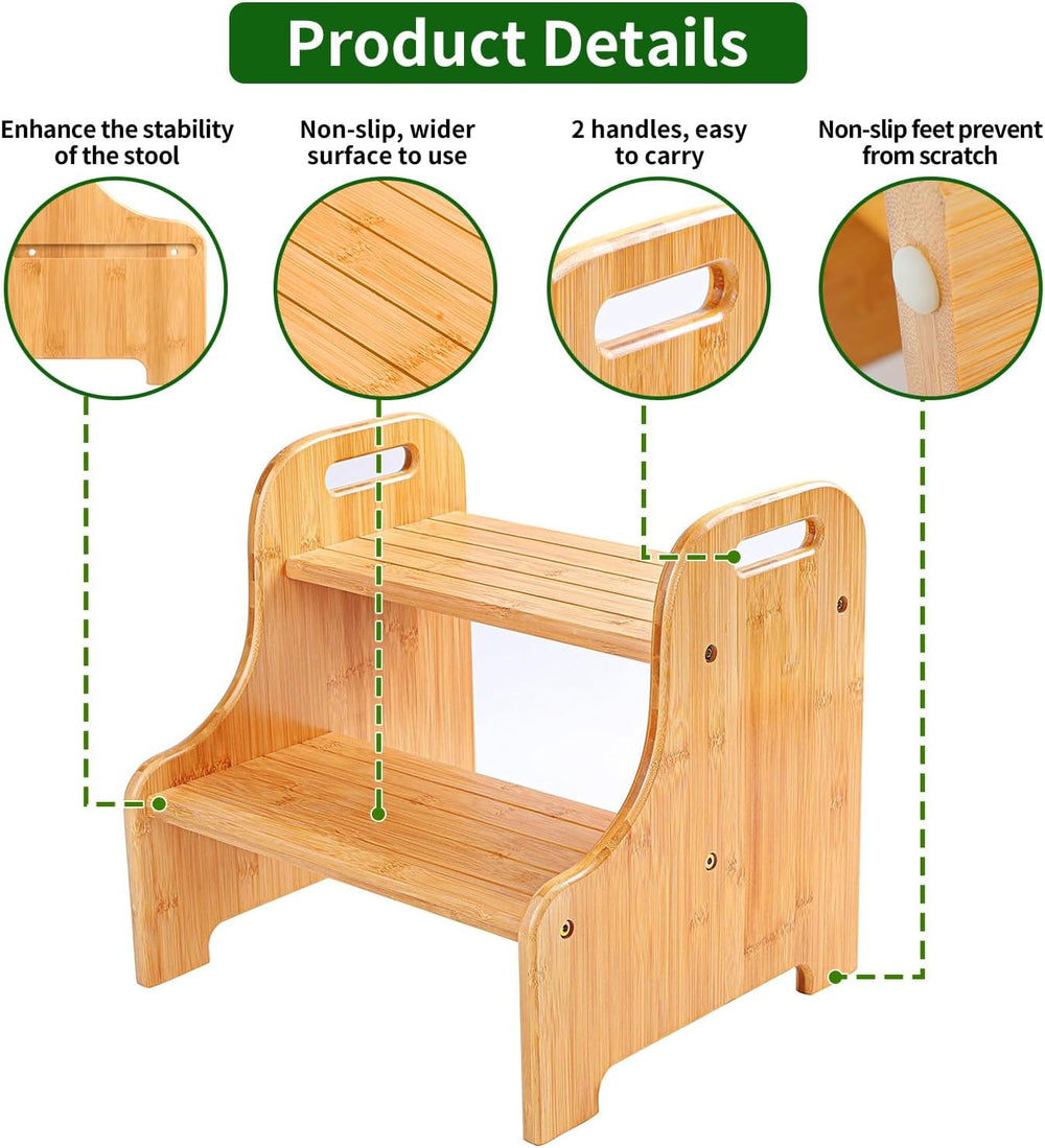 VaeFae Bamboo 2-Step Stool | 350LBS, Non-Slip, Built-In Handles, Suitable for...