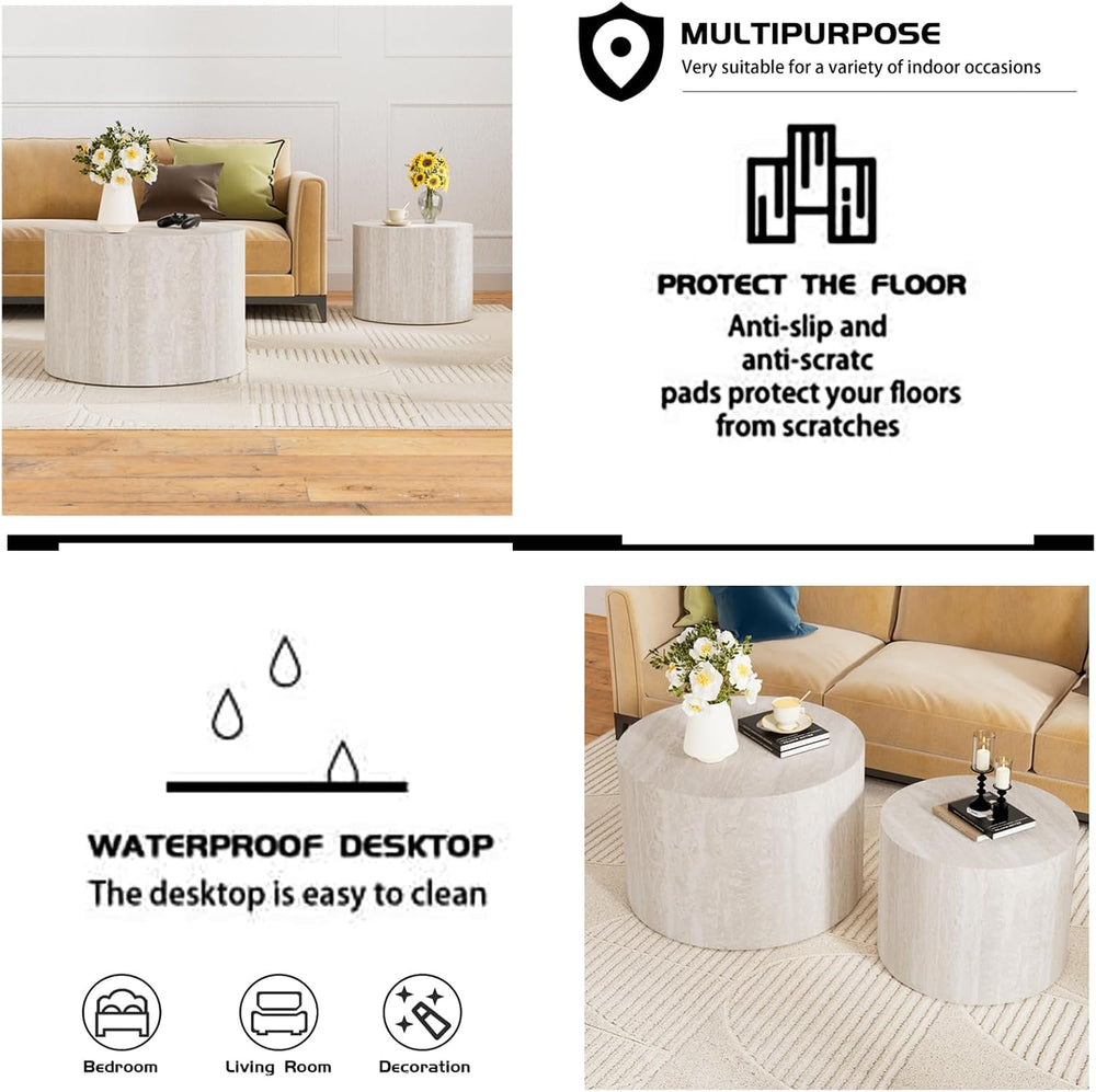 Round Wood Coffee Table Set of 2 Grey Travertine 18.2 inch | 2 Piece Round Wo...