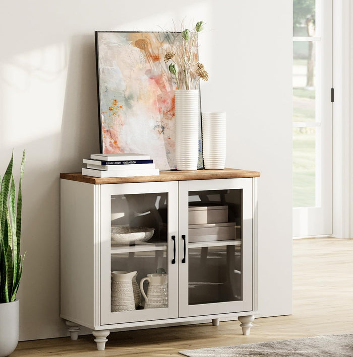 WAMPAT Sideboard Buffet Cabinets with Glass Door, White, 34"