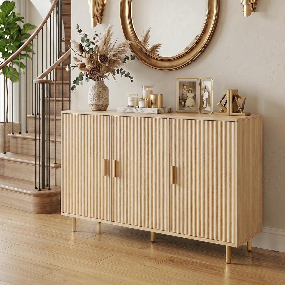 DIYART Oak Sideboard Buffet Cabinet, Accent Coffee Bar Cabinet with 3 Doors, ...