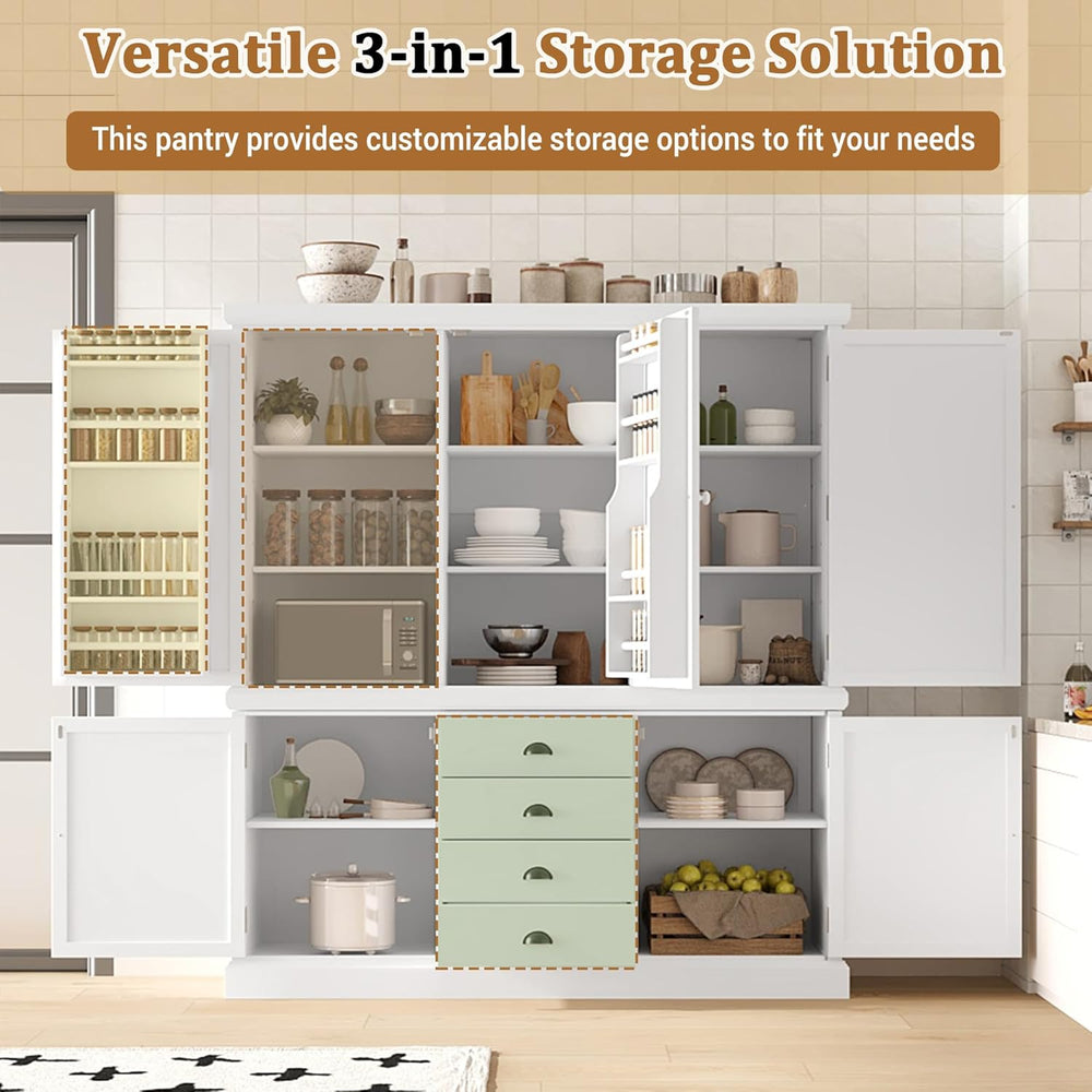 73" Freestanding Kitchen Pantry Organizer - Wooden Storage Unit with 4 S...