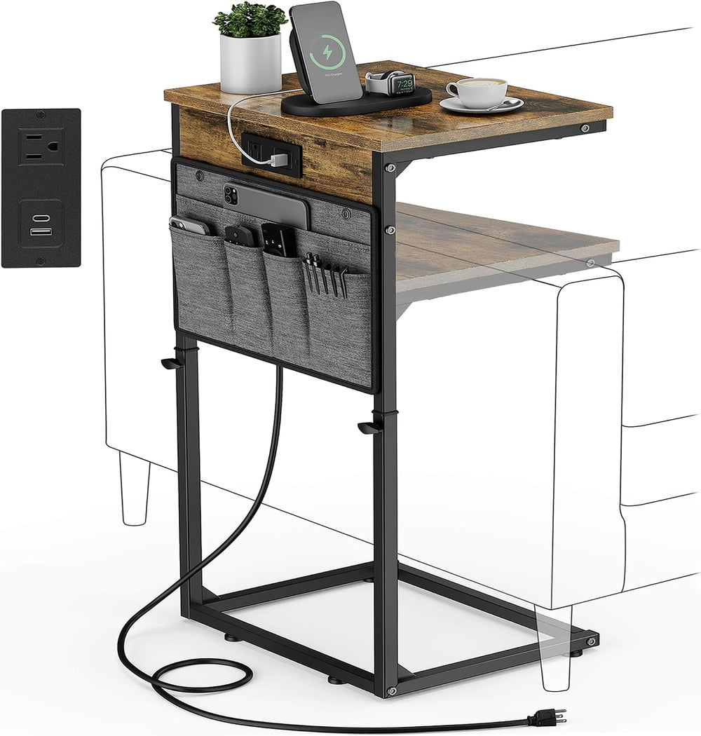 Vagusicc C-Shaped End Table with Charging Station, Small Side Table for Couch...