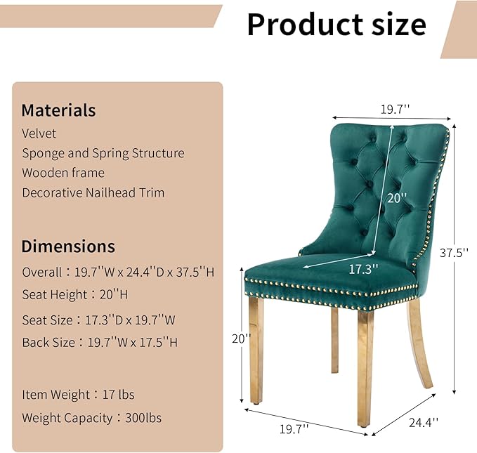 Luxury Upholstered Dining Chairs Set of 8, Green Kitchen Chair with Golden Me...