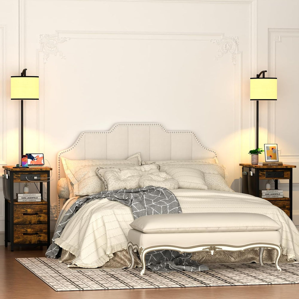 Floor Lamp with Table, Nightstand with Lamp, 2 Drawers, Charging Station