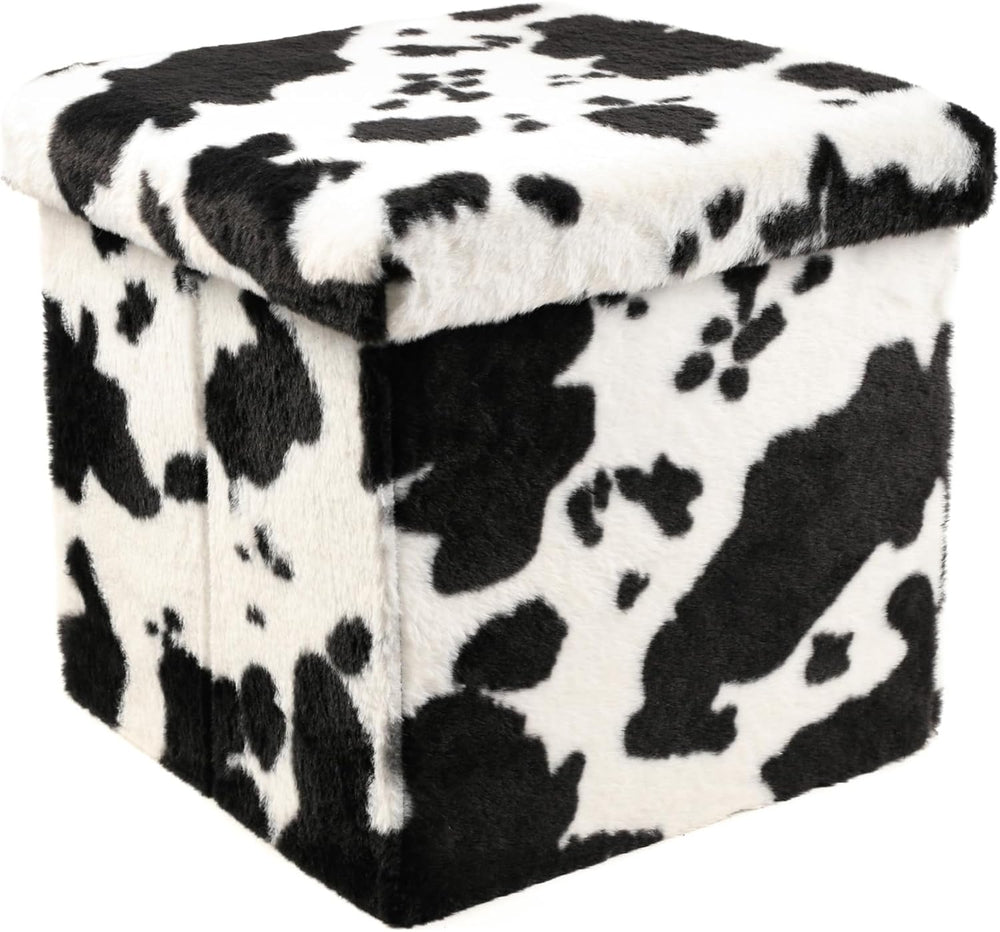 Luxe Faux Fur Storage Ottoman, Cowhide Black/White, 15 x 15 x 15 in