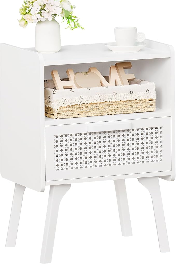Lerliuo Rattan Nightstand, Side Table with Drawer Open Shelf, Cane Accent Bed...