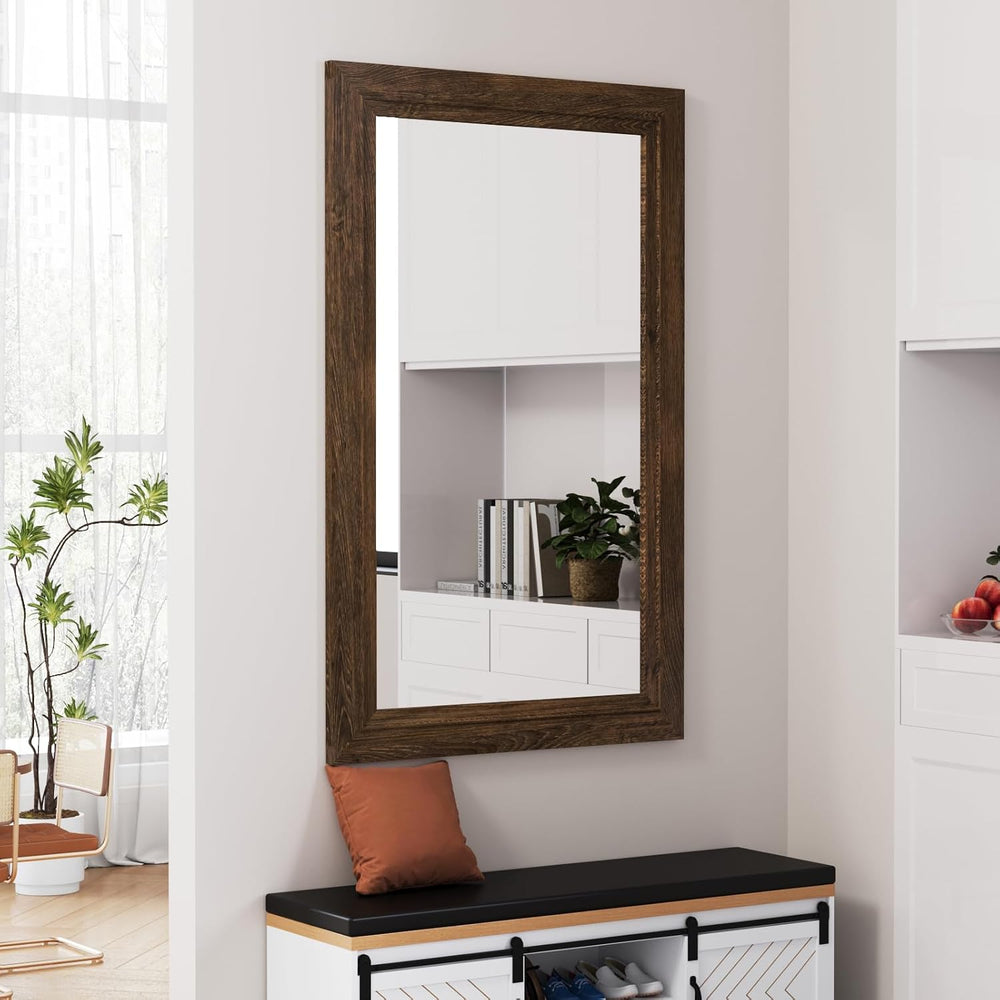 Rustic Wall-Mounted Vanity Mirror, Solid Wood Frame Bathroom Mirror, Farmhous...
