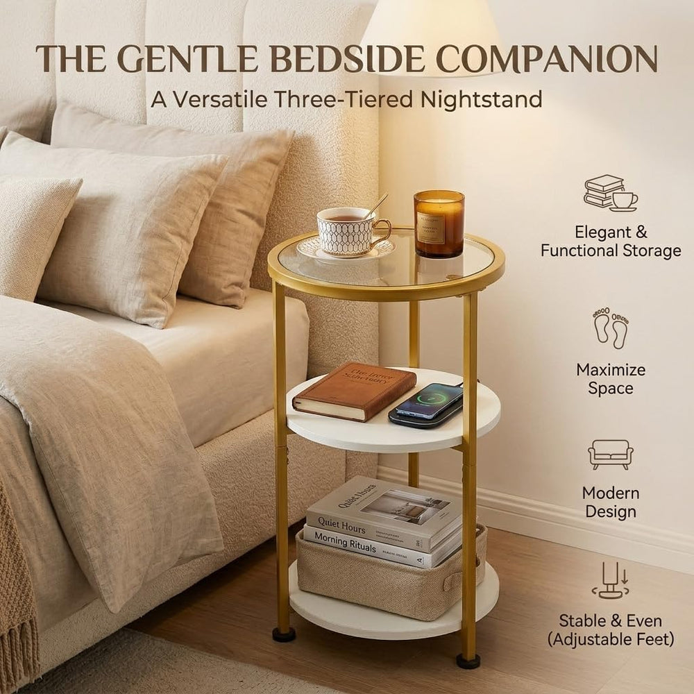 Glass Side Table, Tempered Glass Small Round Side Table with 3-Tier Storage S...