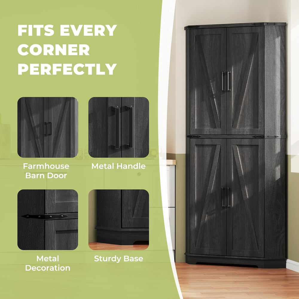 Dripex 71" Black Farmhouse Corner Pantry Cabinet with LED Light, Tall St...