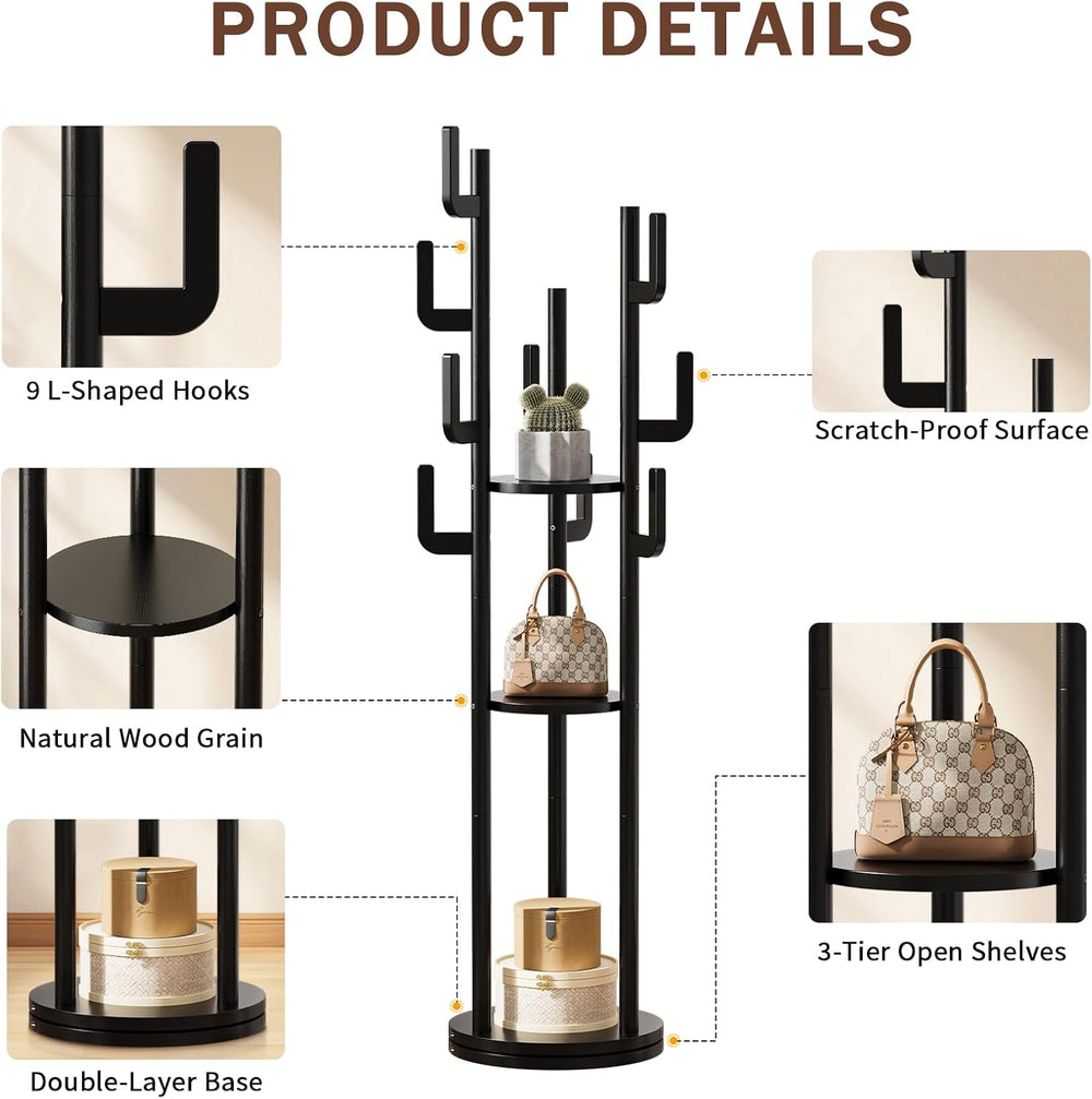 Yoobure Rotary Coat Rack Freestanding - Solid Wood Coat Tree with 9 hooks &am...