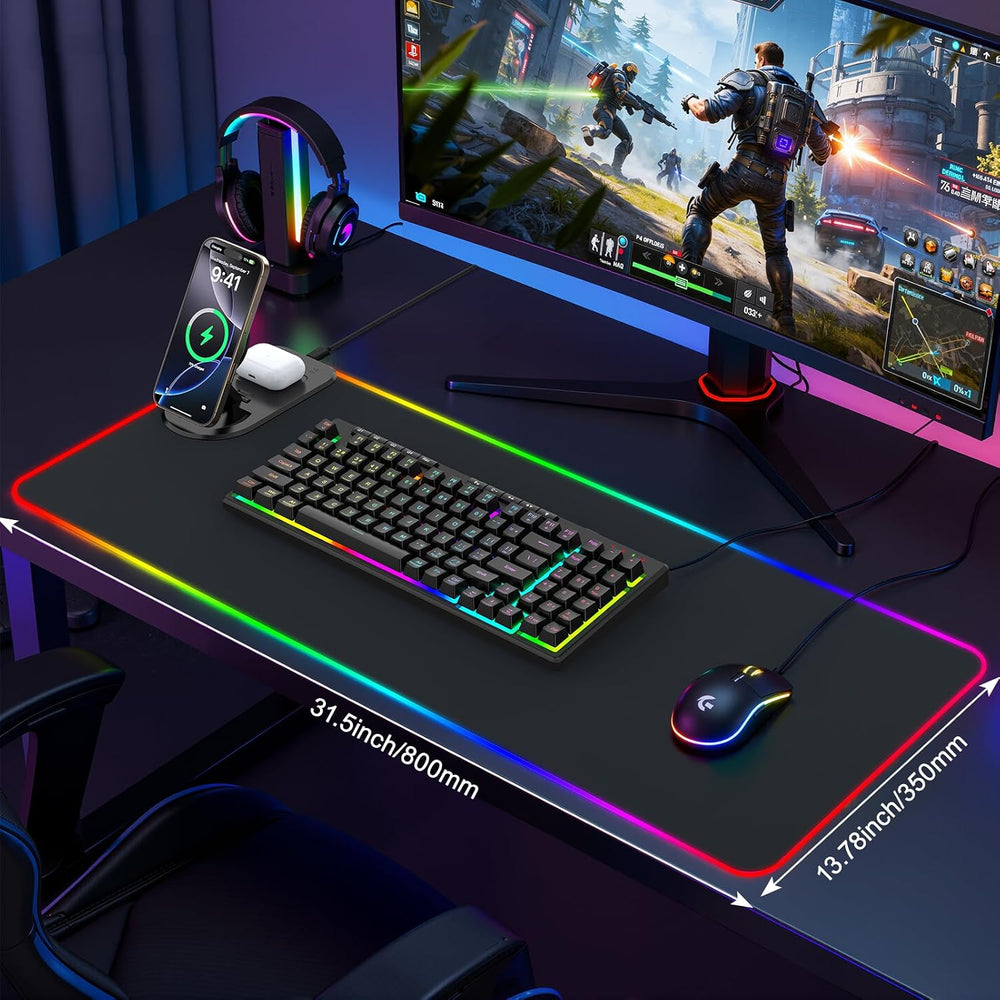 RGB Gaming Mouse Pad Wireless Charging Desk Mat with Foldable Phone Stand, La...