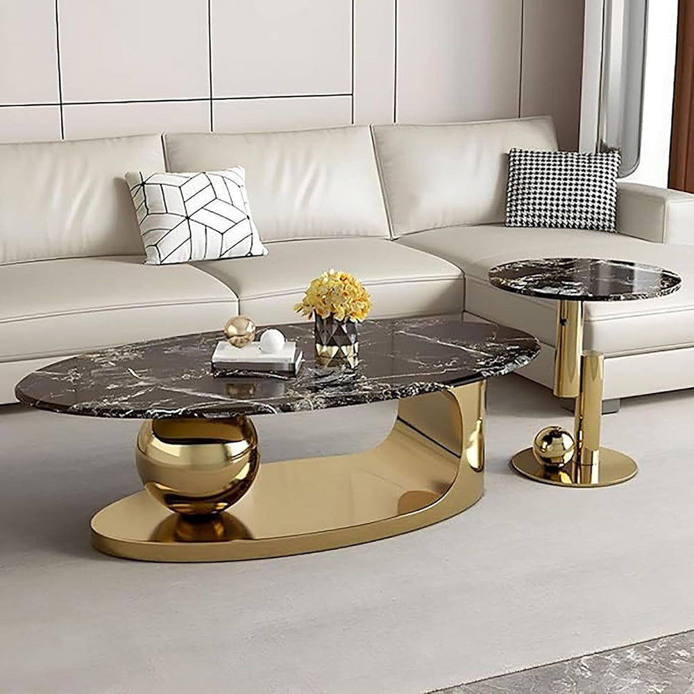 Modern Coffee Table Set of 2 - Stylish Black & Gold Oval Nesting Tables f...