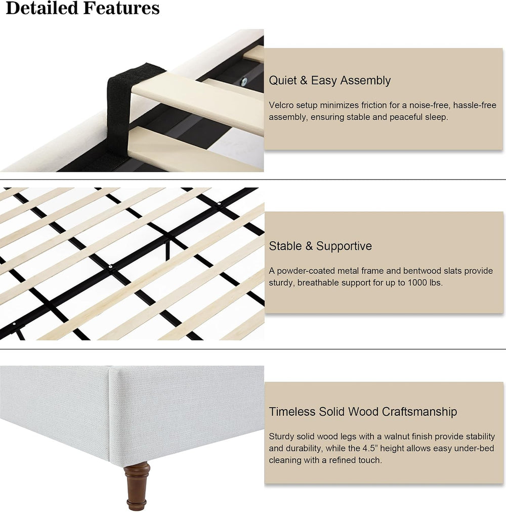 Upholstered Platform Wingback Bed Frame with 54" High Headboard, Solid W...