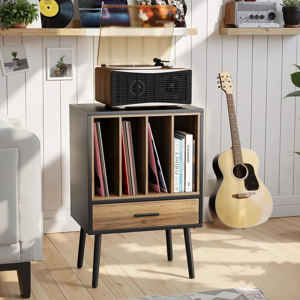 Kiasthome Black Record Player Stand with Storage Crate & Drawer, Vinyl Re...