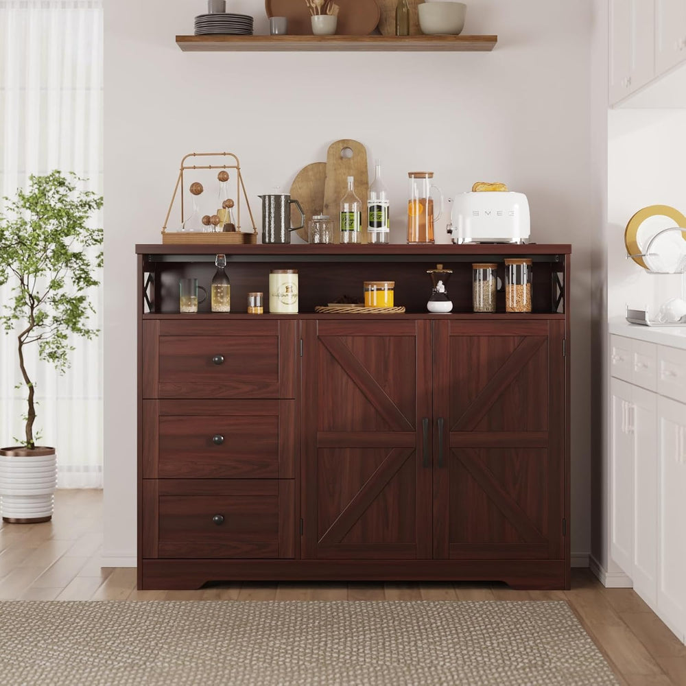 47" Dark Brown Farmhouse Storage Cabinet with Barn Doors and Drawers