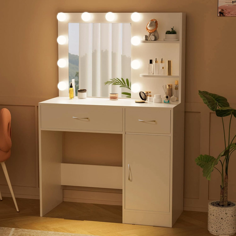 LIVELYGLOW 35.4" White Makeup Vanity Desk with 10 Hollywood Light Bulbs ...