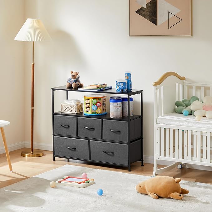 DUMOS TV Stand, Dresser with 5 Fabric Storage Drawers, Media Console Featurin...