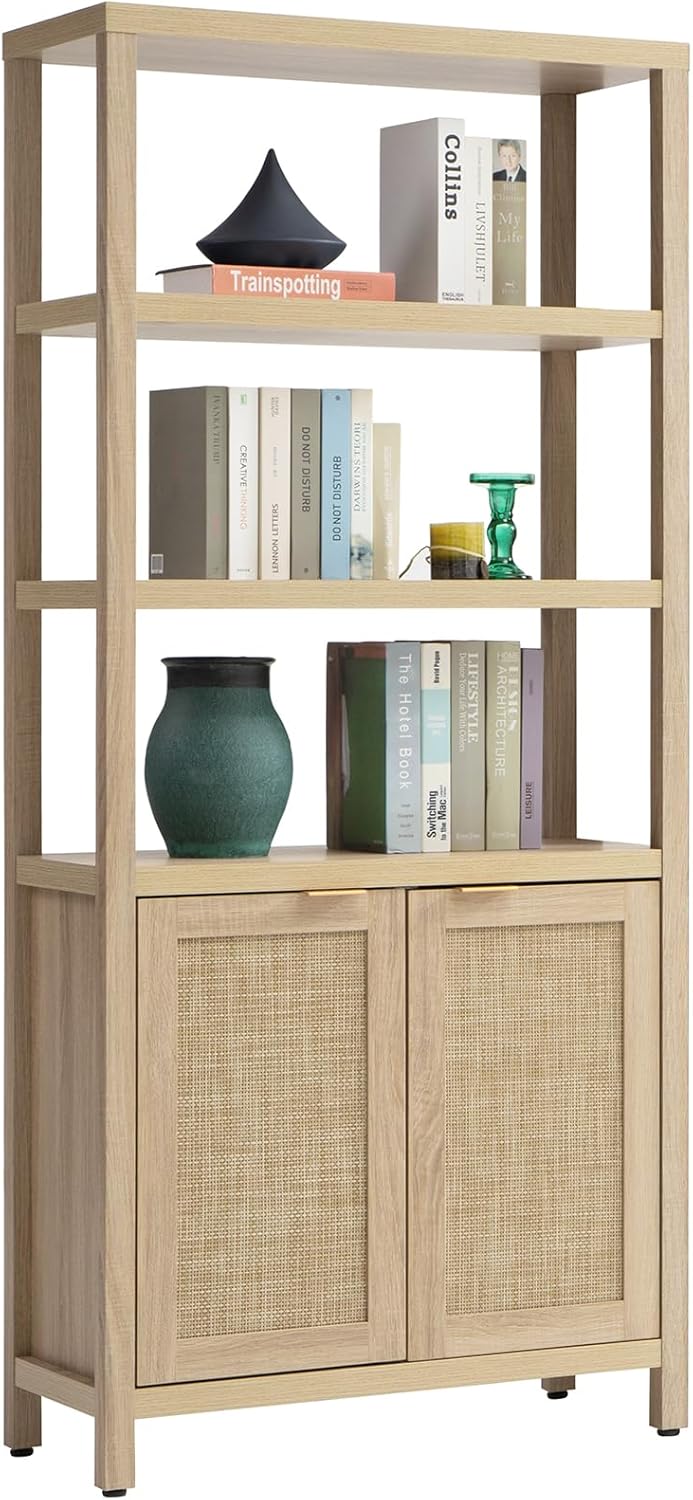 SICOTAS 71" Tall Rattan Bookshelf with Doors for Living Room Library