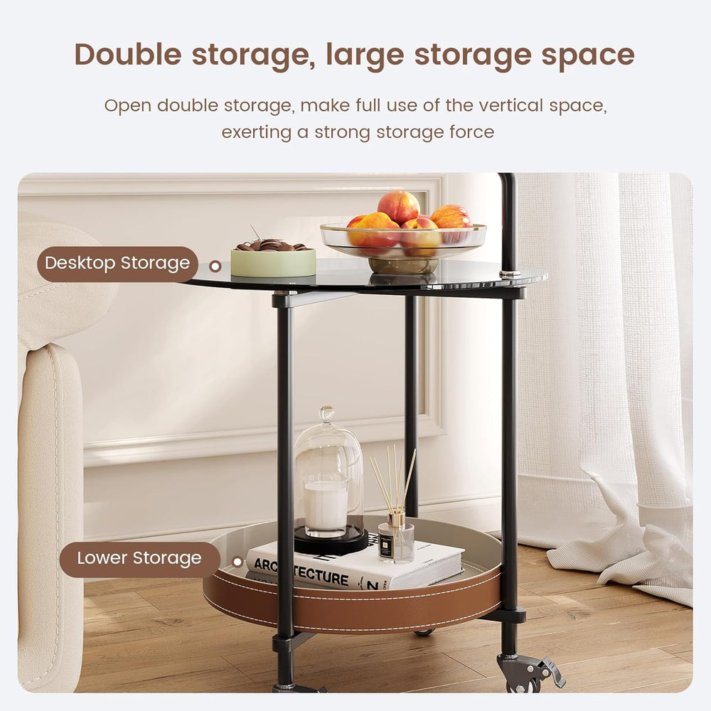 Sofa Side Table, 2-Tier Metal Frame Glass Top End Table on Wheels, Round Besi...