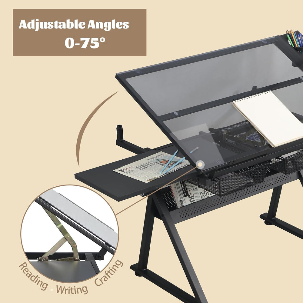 Black Drafting Table Desk w/Stool, Painting Table Art Craft Desk Crafting Tab...