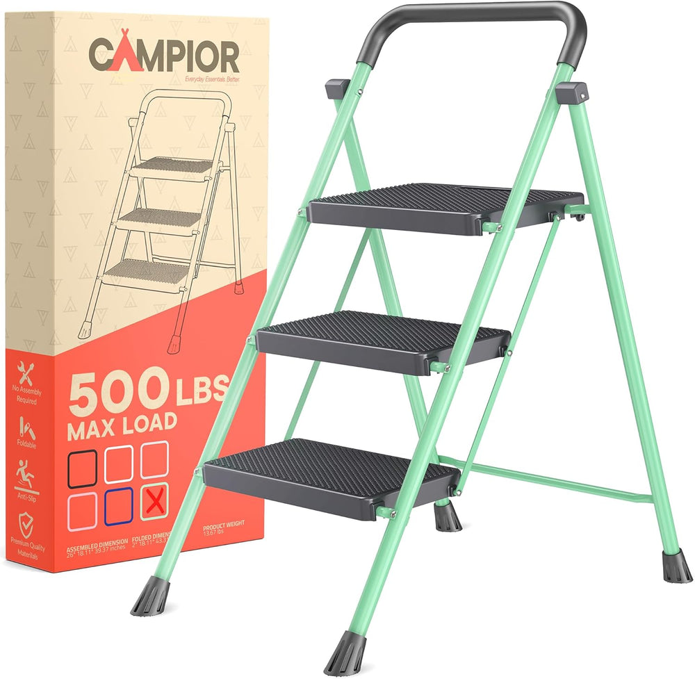 Green 3 Step Stool Foldable – Heavy-Duty Foldable Step Stool for Adults, 500 ...