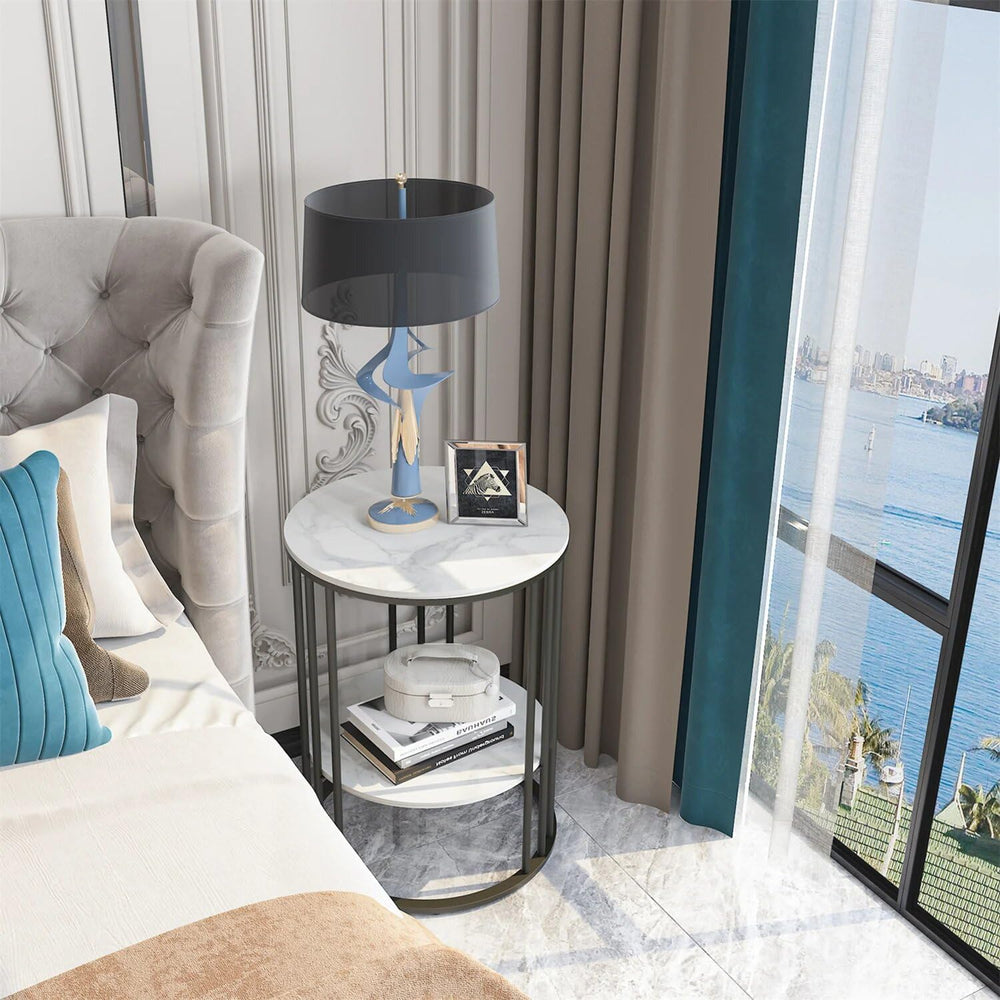 15.7Wx15.7Dx21.3H inch 2-Tier White Marble Side Table Round Coffee Table Nigh...