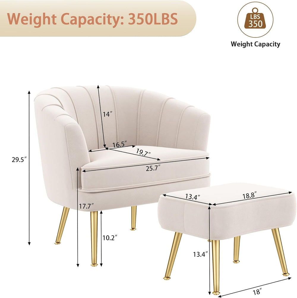 Andeworld Velvet Accent Chair with Ottoman, Barrel Armchair, Beige | Velvet U...