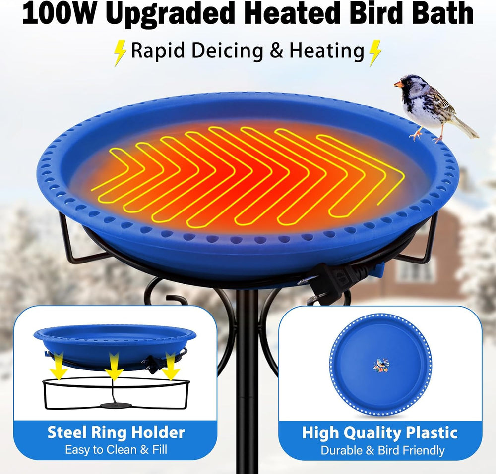 Daoeny 100W Heated Bird Baths for Outdoors, Winter Heated Birdbath, Blue