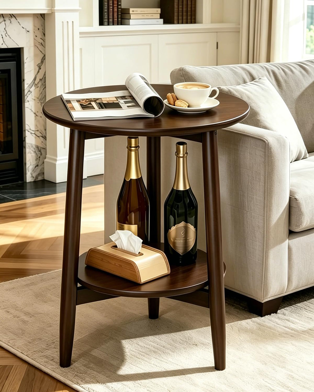 Round End Table,Solid Wood Small Round Table with Lower Shelf,Round Side Tabl...