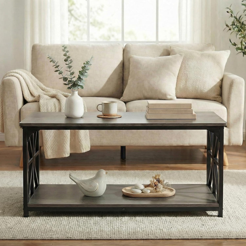 GOFLAME 2-Tier Rectangular Coffee Table, Modern Center Table with Wooden Top,...
