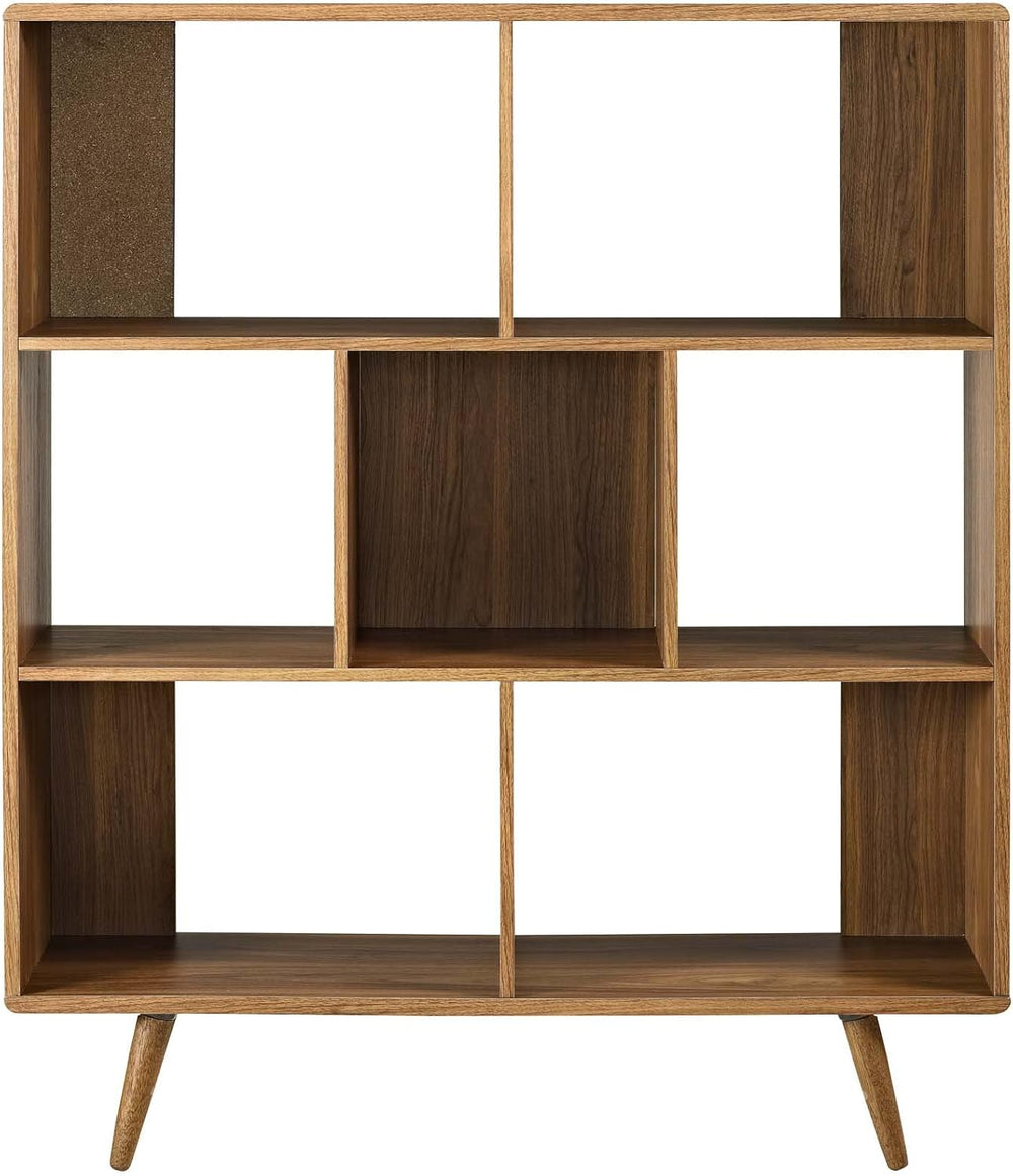 Modway Transmit Mid-Century Offset Cube Wood 7 tier Bookcase in Walnut