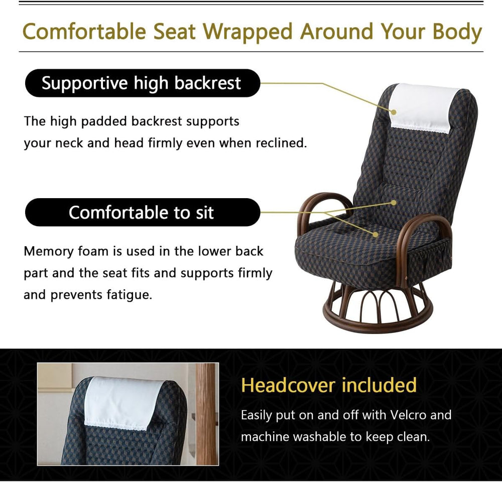 EMOOR Tatami Chair Japanese-Style Swivel Chair RYOKAN (Navy), Natural Rattan ...