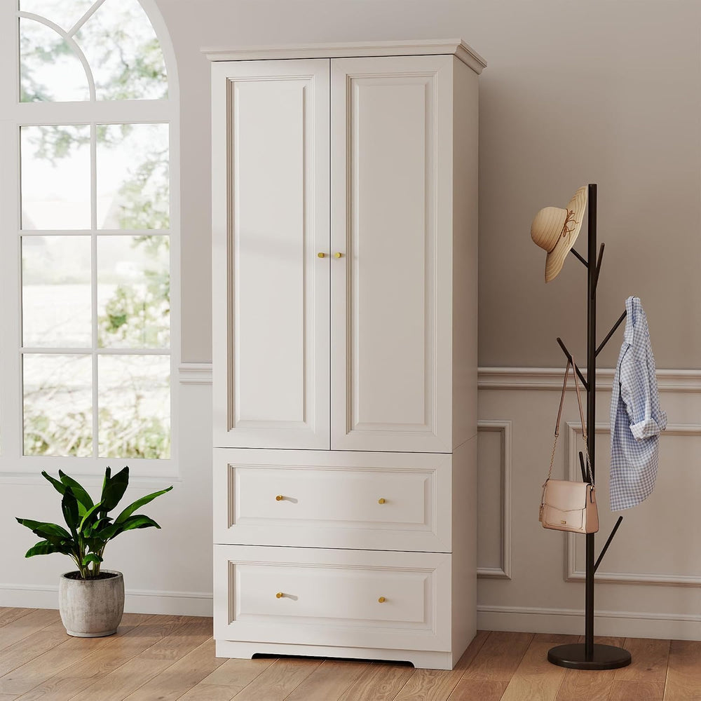 Bedroom Armoires Wardrobe Closet with 2 Doors: 74" White Wardrobe Cabine...