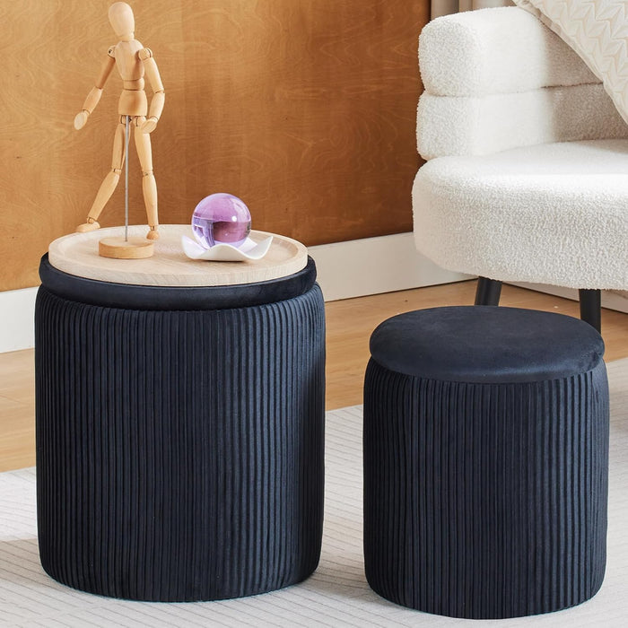 BLEXA Round Storage Ottoman, Set of 2, Velvet Vanity Stool, Black