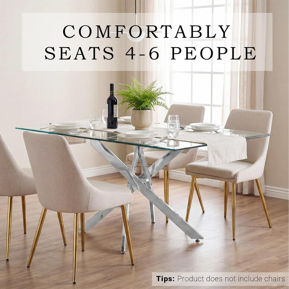 59 Inch Glass Dining Table for 6, Modern Square Kitchen Table with Silver Leg...