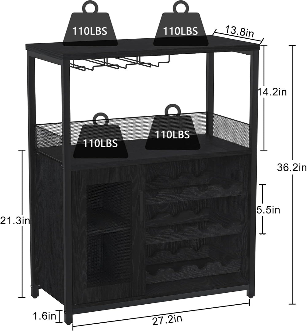 GAOMON Modern 36" Black Wine Bar Cabinet with Mesh Door, Adjustable Glas...