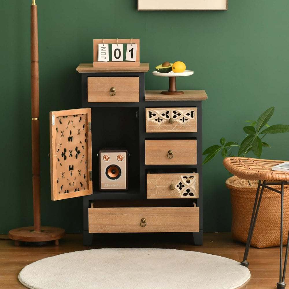 Farmhouse Accent Chest with Carved Door and 5-Drawers, Vintage Storage Cabine...