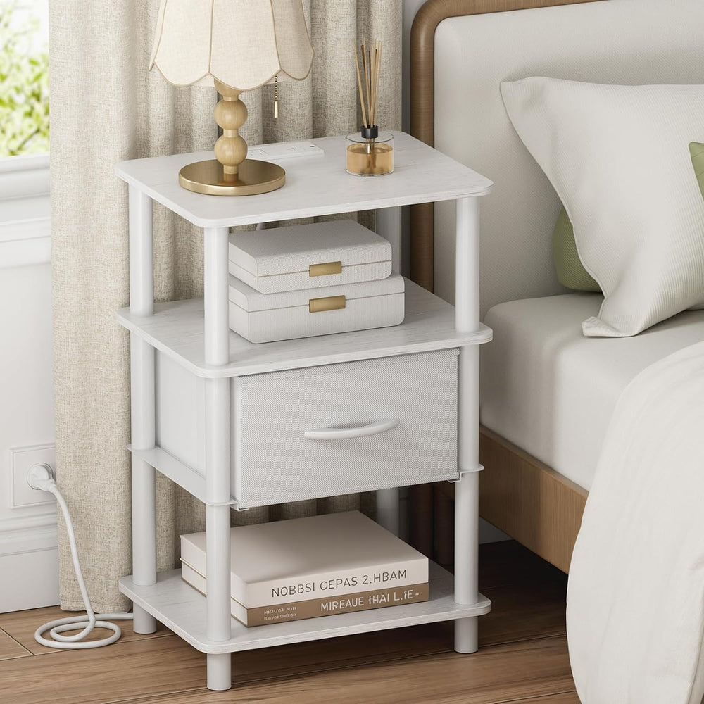 Bedroom Nightstand with Charging Station, Bedside Table with Adjustable Fabri...