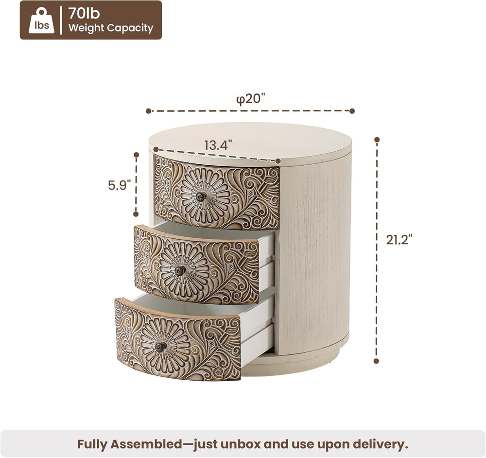 HOMPUS Round End Table Set 2, Fully Assembled Nightstand w 3 Storage Drawers,...