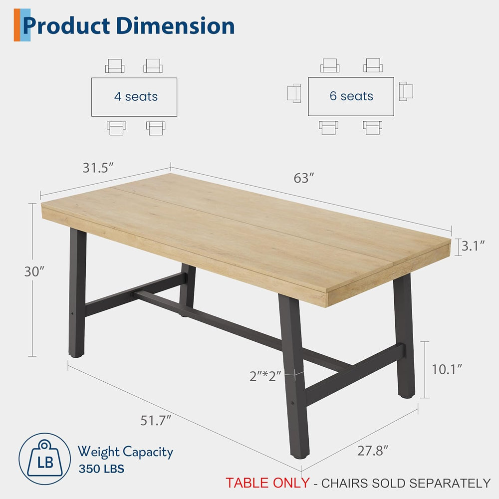 GarveeHome Industrial Dining Table for 4-6 People, 63" Long Large Kitche...
