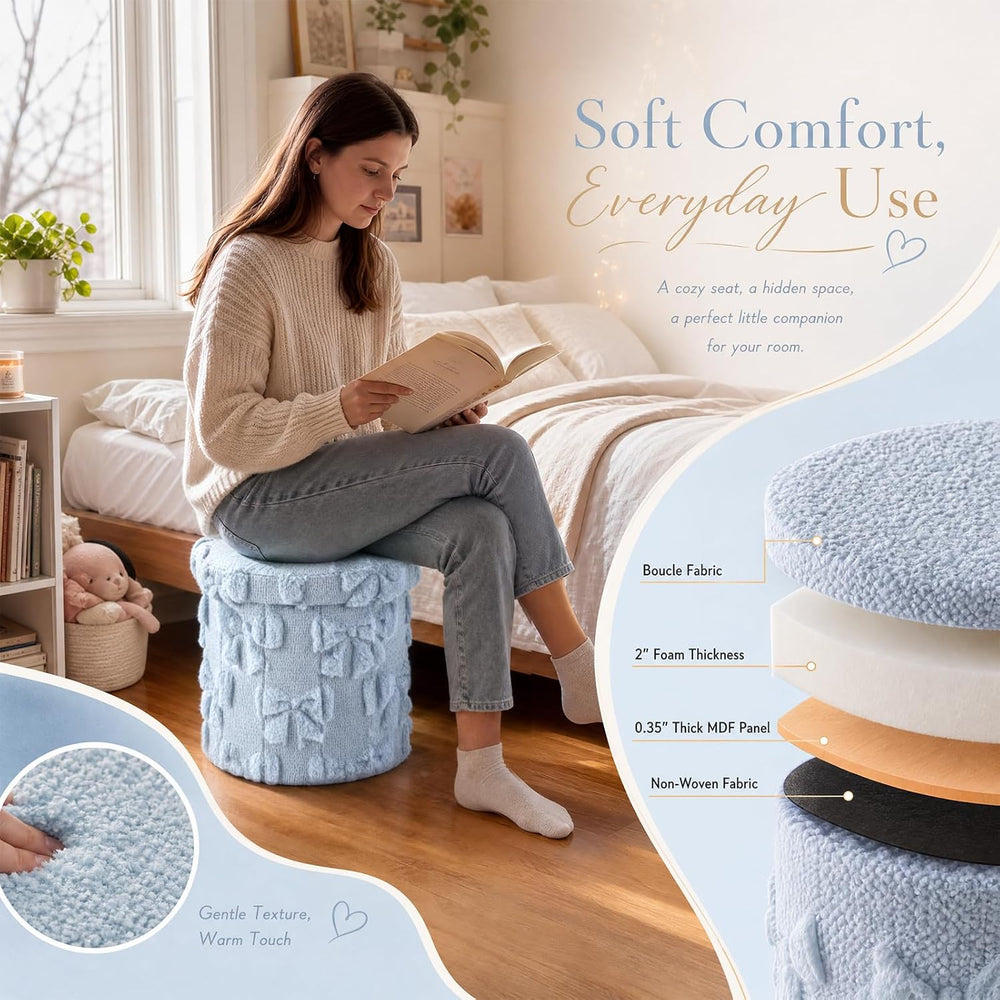 RattanView Foldable Ottoman with Storage 12 Inch Blue Bow Coquette Round Stor...