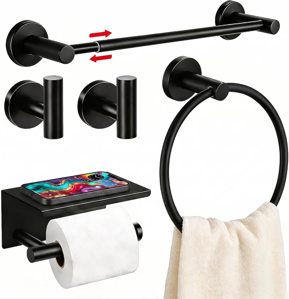 Bathroom Hardware Set for Bathroom Wall, 16-24" Extendable Towel Bar, Black