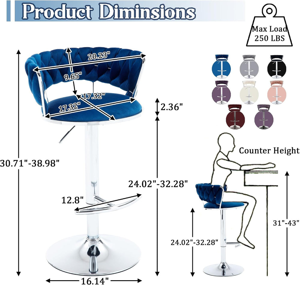 Blue Velvet Swivel Bar Stools Set of 2, Adjustable Counter Height Stools | Ki...