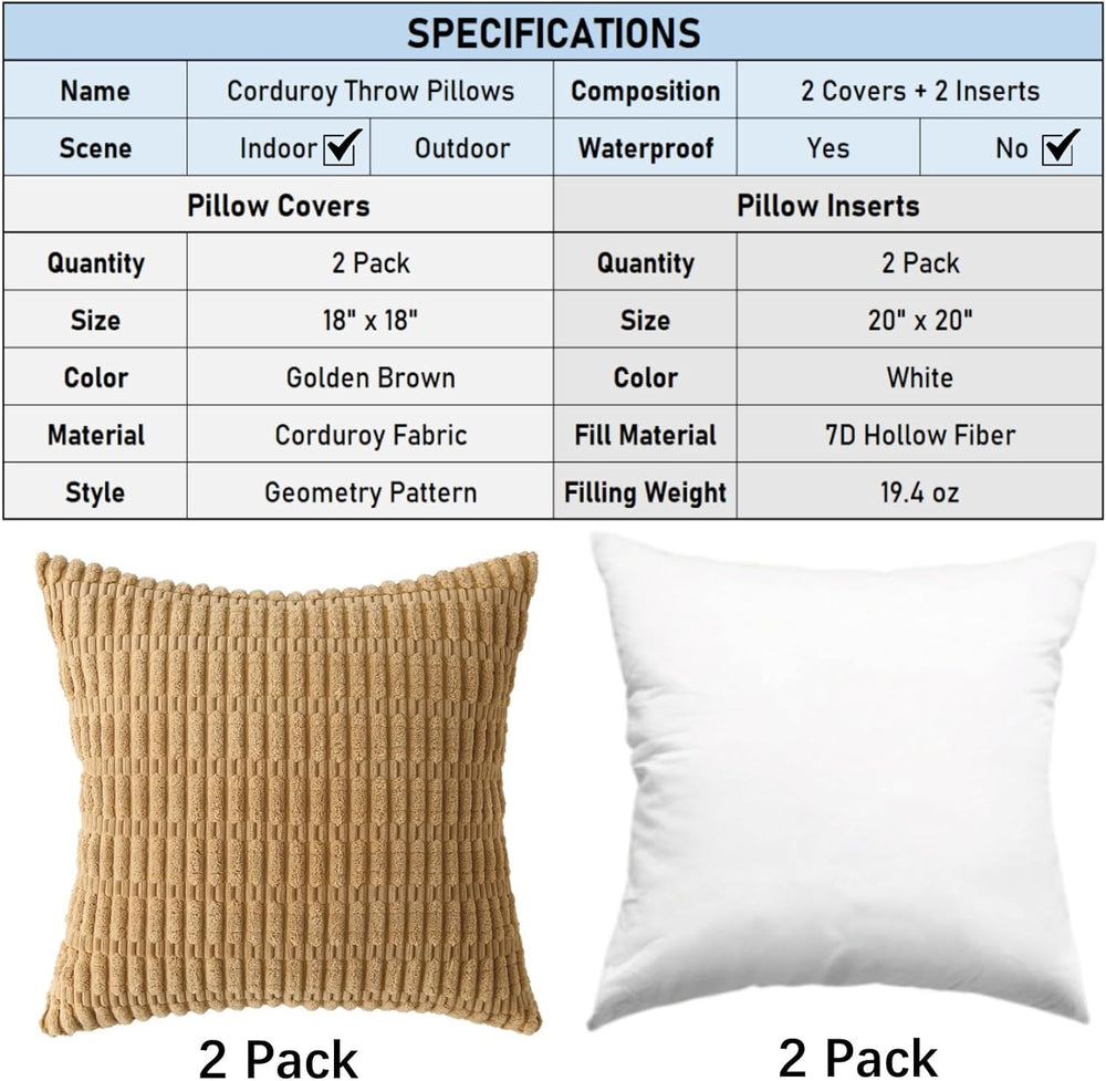 2 Pack Corduroy Decorative Throw Pillow with Inserts, 18x18 Inch Soft Boho Th...