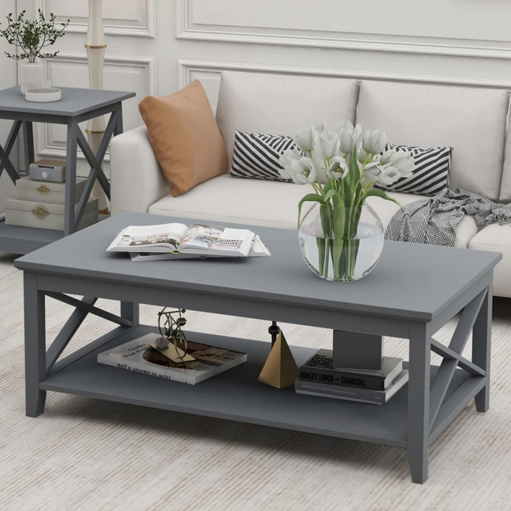 ChooChoo Coffee Table Classic X Design for Living Room, Rectangular Modern Co...