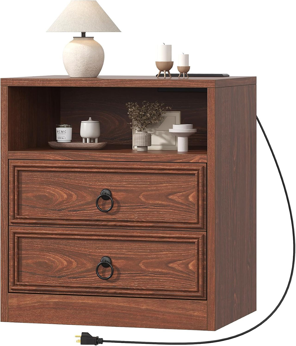 VVFLU Farmhouse Nightstand with Charging Station, 21.7" Wide End Table w...